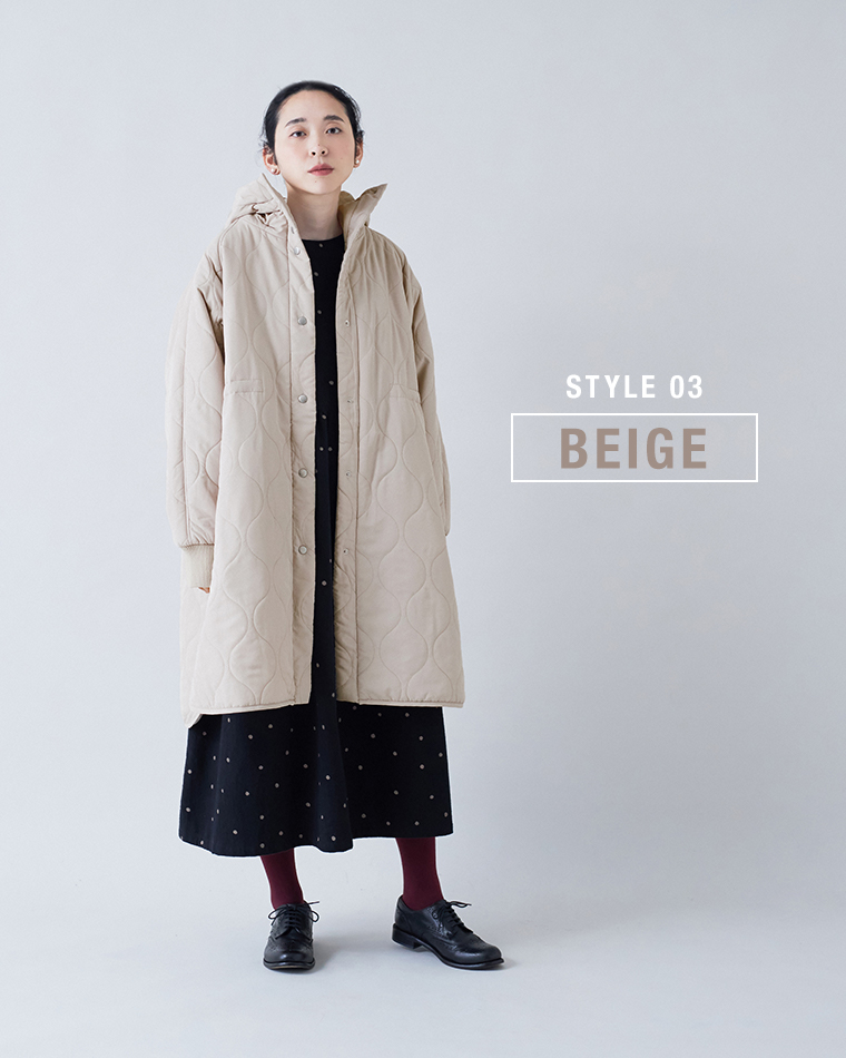 D*g*y ひょうたんキルトフーディーコートベージュのフェミニンコーディーネート