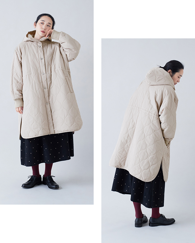 D*g*y ひょうたんキルトフーディーコートベージュの丈とシルエット
