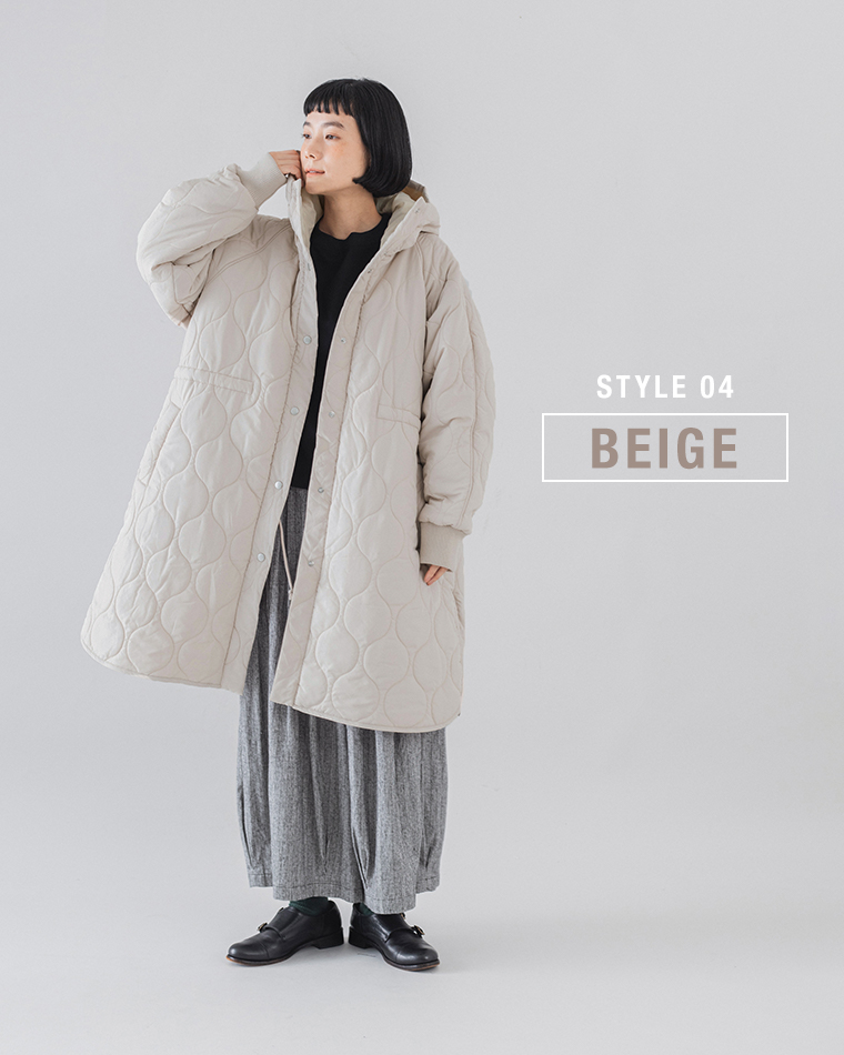 D*g*y ひょうたんキルトフーディーコートベージュのデイリーコーディネート