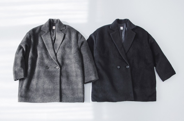 シャギーコートの全身コーディネート（正面）