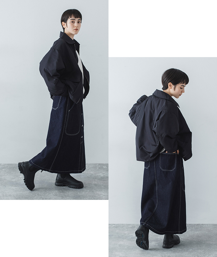 vent blanc　デニムベイカースカート 全身横と後ろ