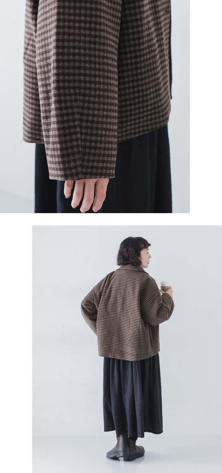 &yarn ギンガムチェック中綿ジャケット(ブラウン)の袖口寄りと全身後ろ