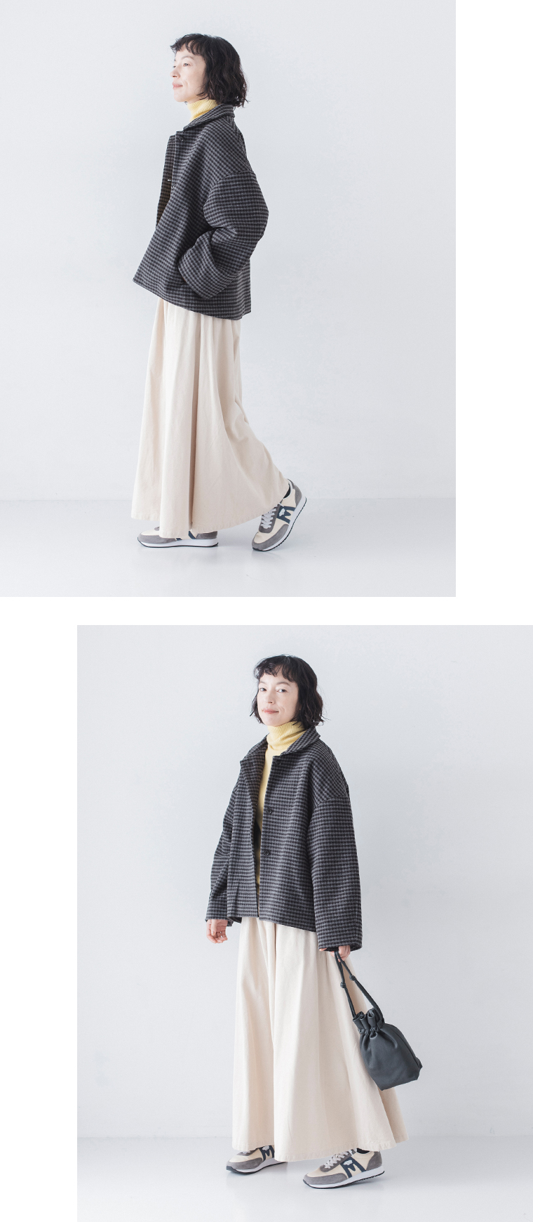 &yarn ギンガムチェック中綿ジャケット(グレー)全身横と前