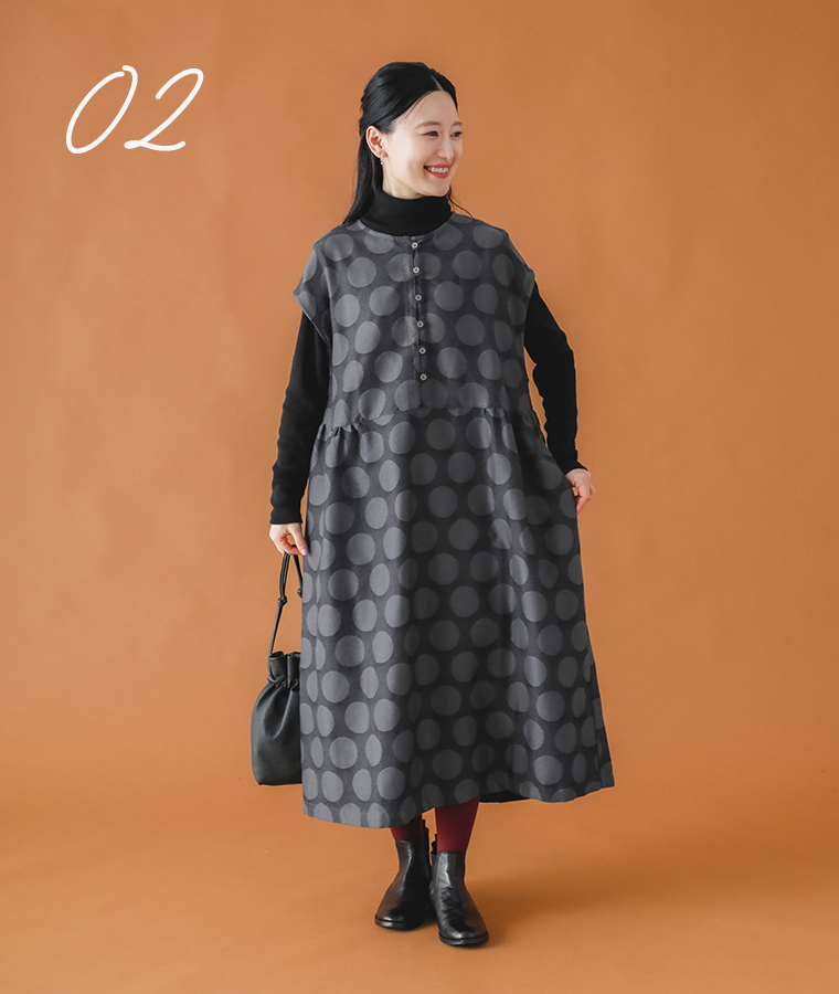 【 cloudnine 】表起毛ツイルジャカードドットフレンチスリーブワンピース