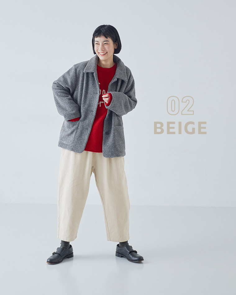 ista-ire 別注｜起毛コットンリネンツイル　あったかよくばりパンツ ベージュのコーディネート