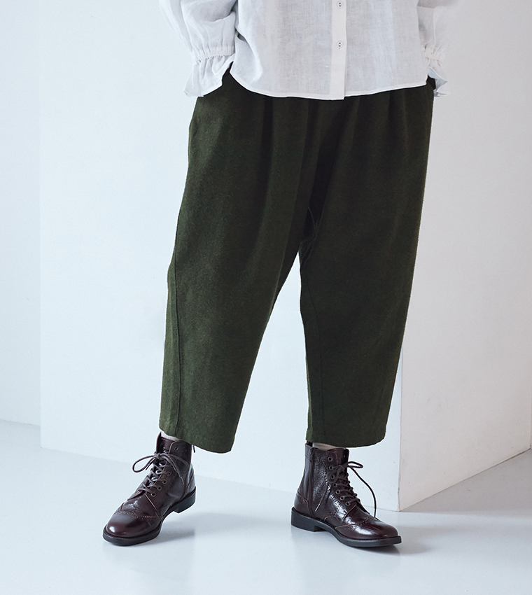 ista-ire 別注｜起毛コットンリネンツイル　あったかよくばりパンツ グリーンのカラー
