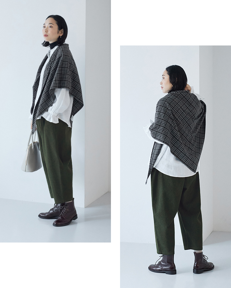 ista-ire 別注｜起毛コットンリネンツイル　あったかよくばりパンツ グリーンの丈