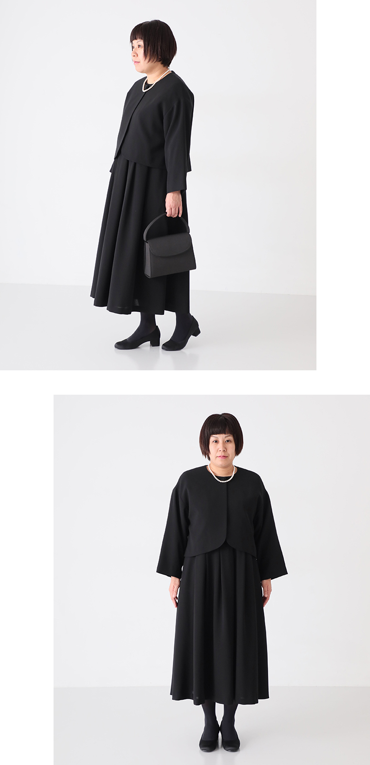 ジャケット＆ワンピースセットのコーディネートを斜め前と正面から撮影した着用画像（ハンドバッグあり・なし）