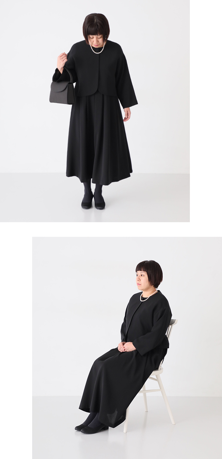 ジャケット＆ワンピースセットのコーディネートを立ち姿と椅子に座った姿で撮影した着用画像