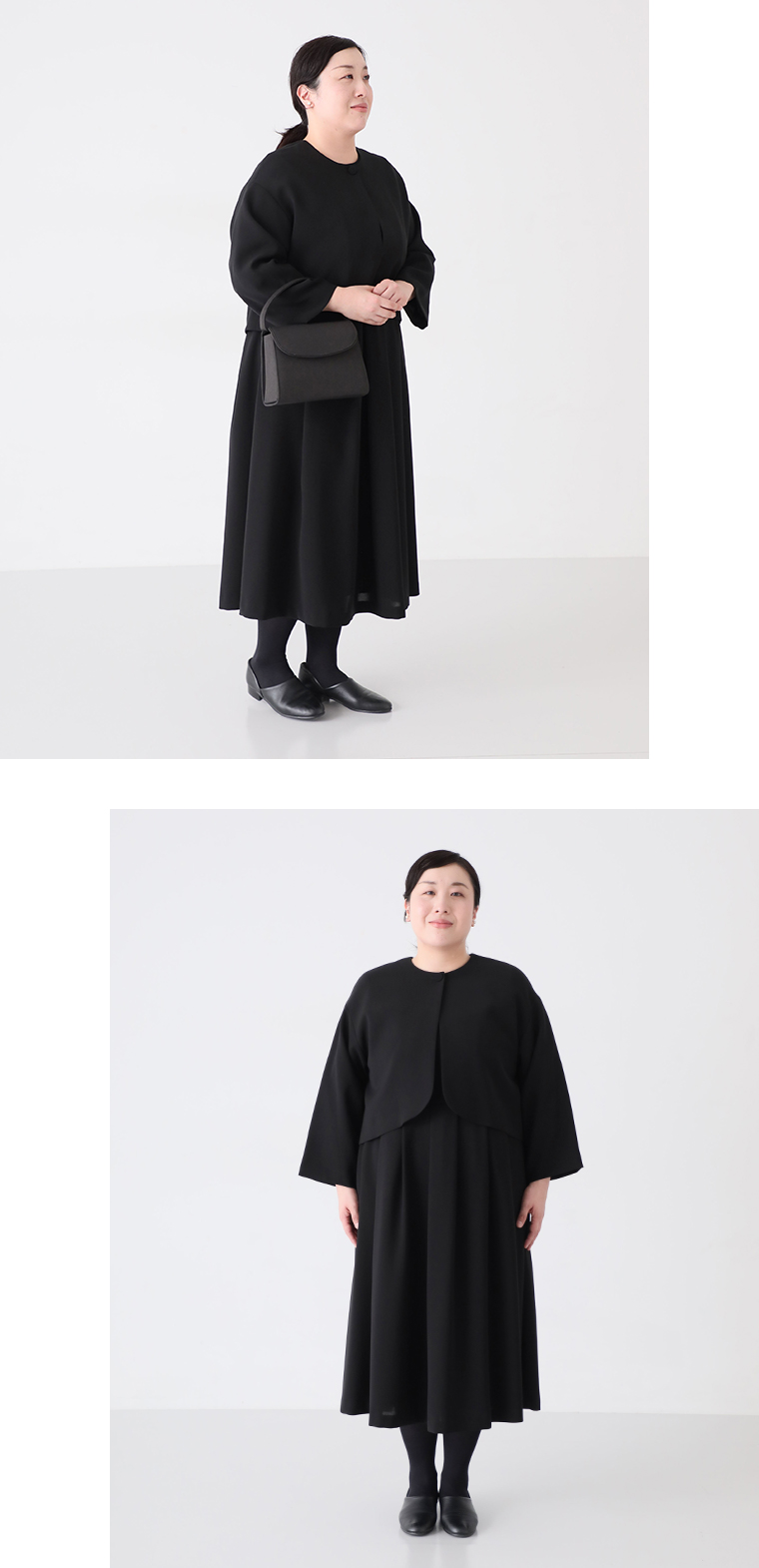 ジャケット＆ワンピースセットのコーディネートを斜め前と正面から撮影した着用画像