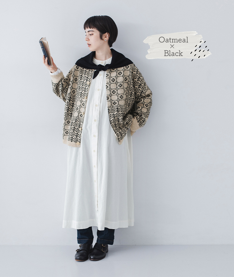 パッチワーク柄2wayカーディガン(オートミール×ブラック)のコーディネート
