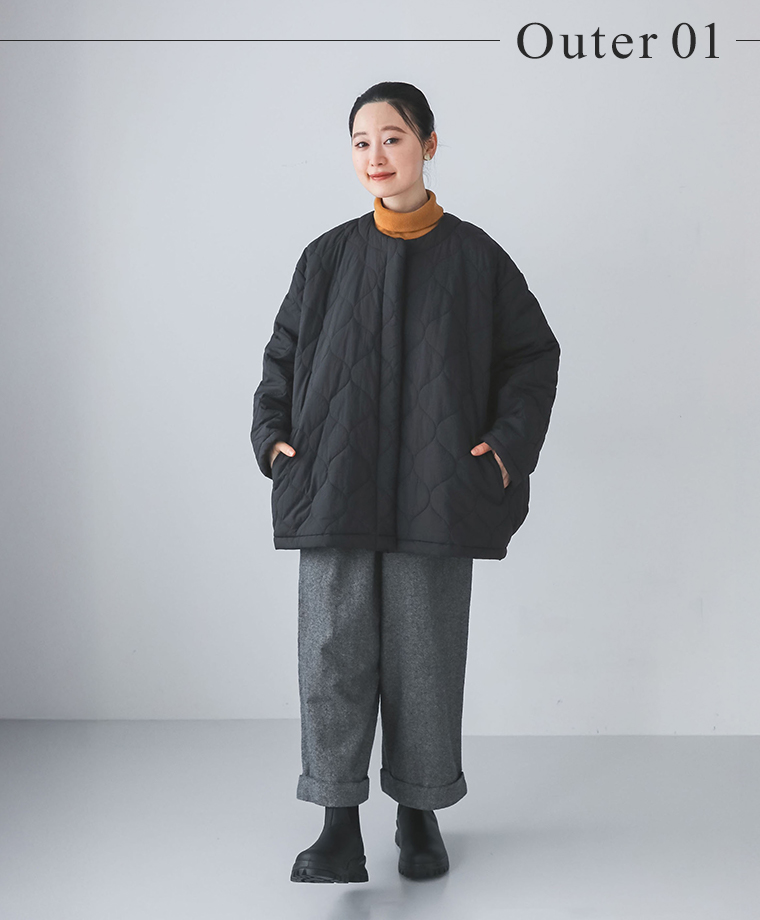 m.nのワイドキルティングジャケットを着た女性の正面コーディネート