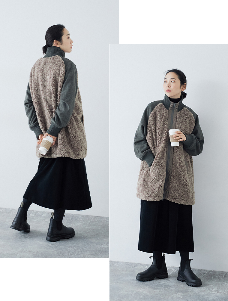 ボアナイロンハーフコートを着用した女性の後ろ姿と正面