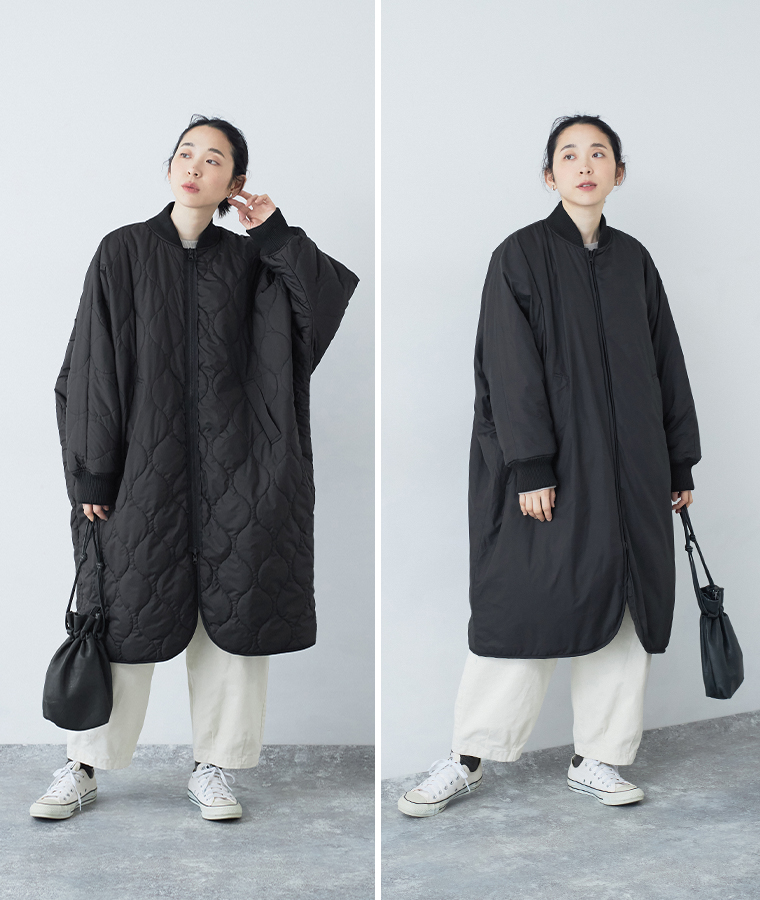 キルティング面と無地面を比較したリバーシブルコートの着用画像