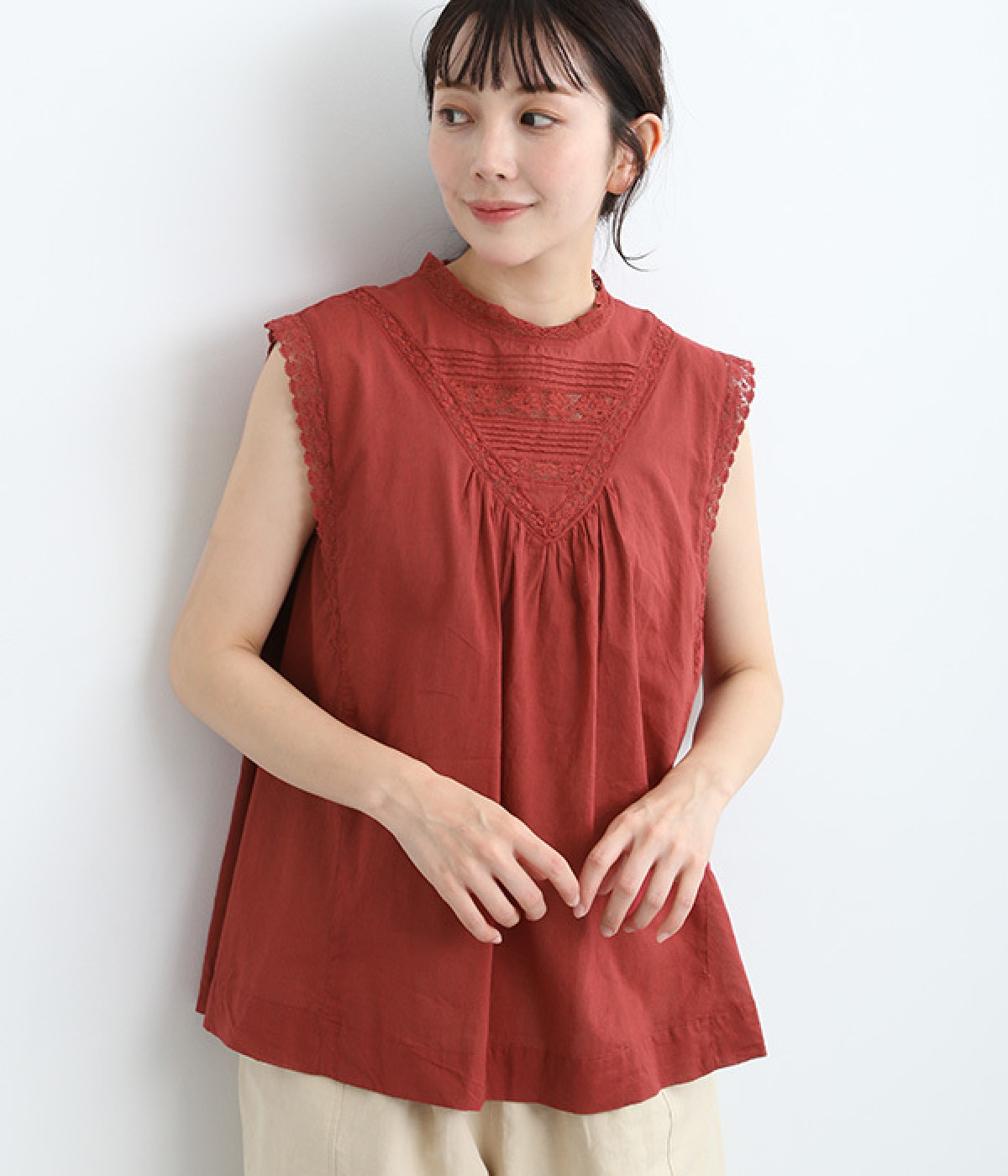 インドアンティークレースノースリーブブラウス(レッド-ONESIZE)