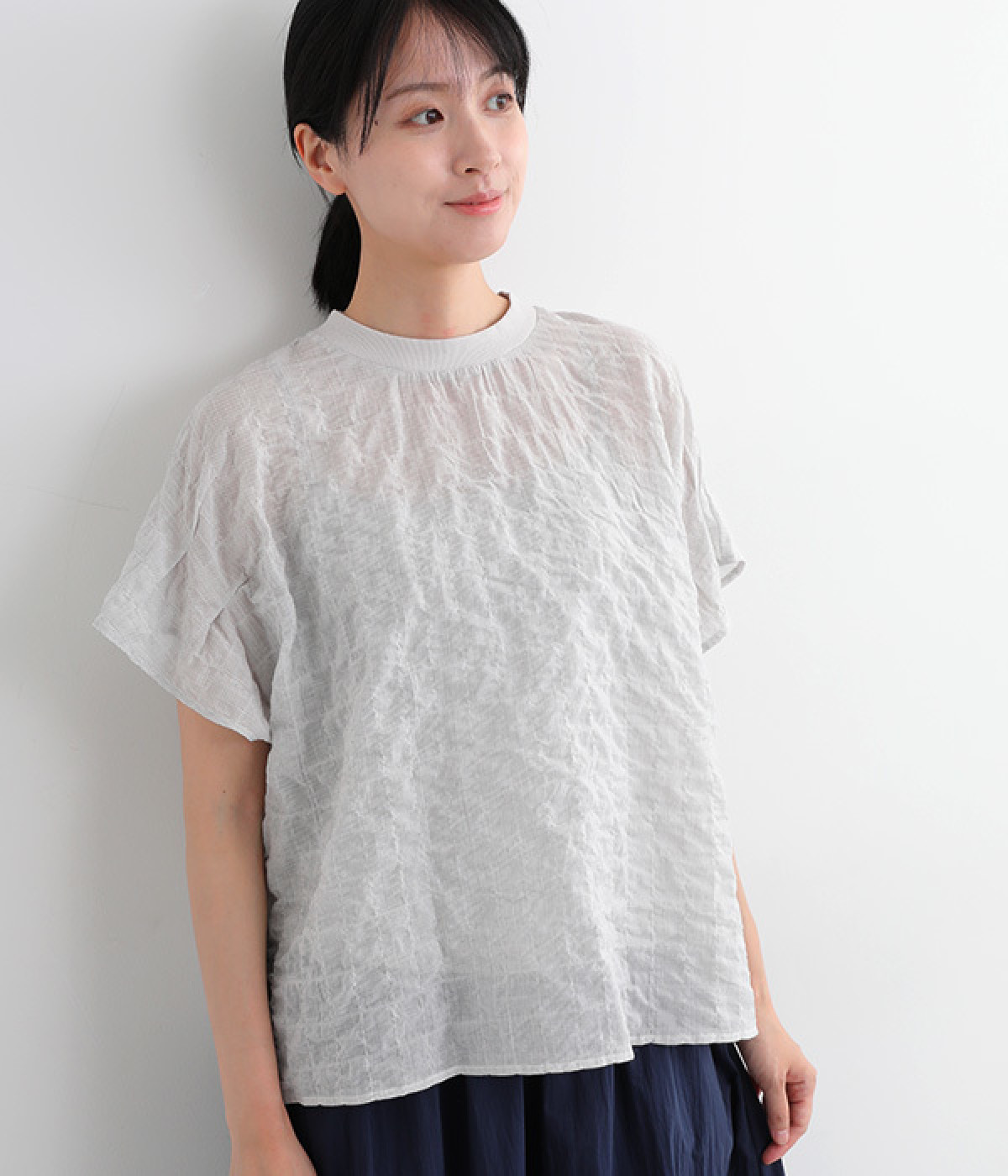 シャーリングラグランシャツTブラウス(ホワイト系ストライプ-ONESIZE)