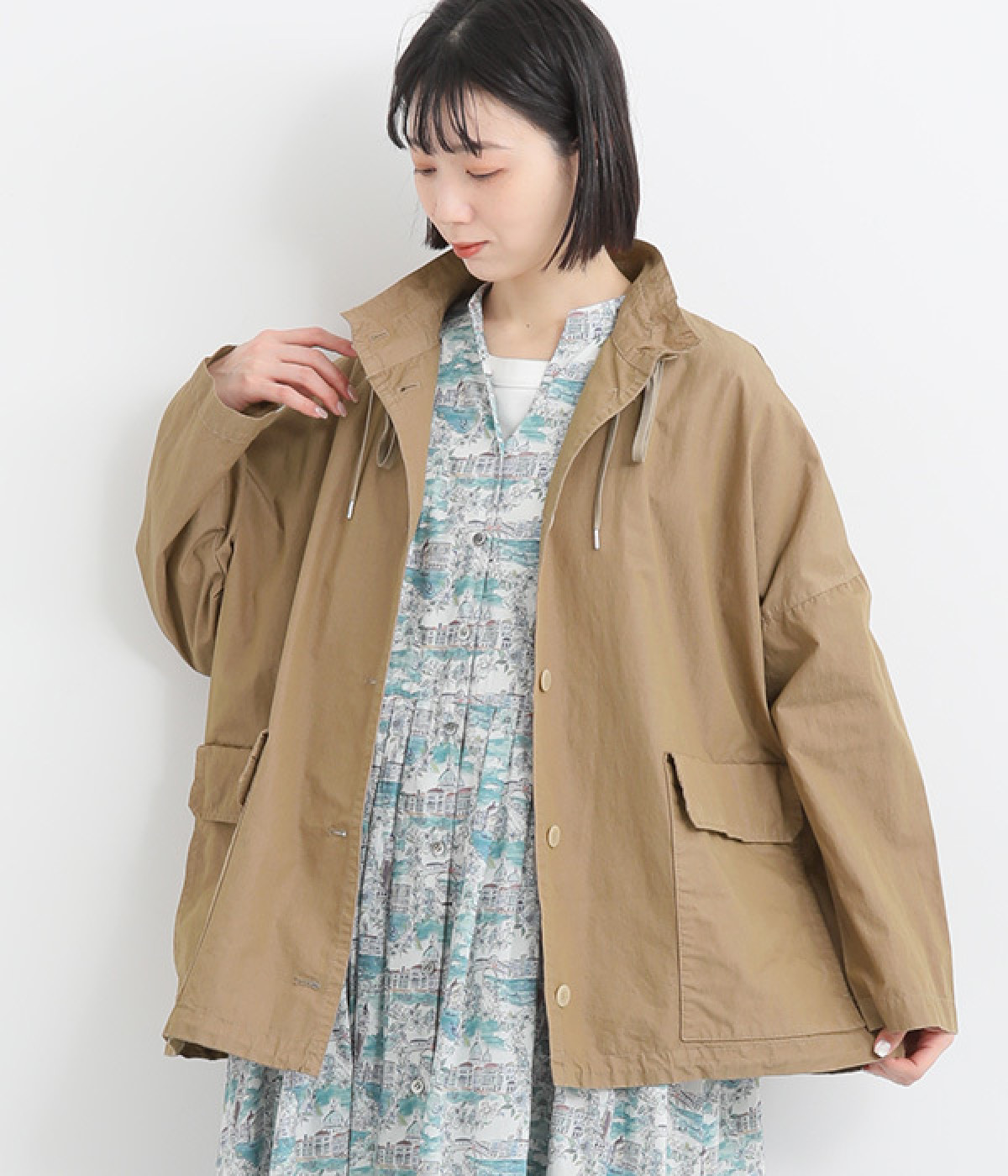 コットンナイロンウェザー　スタンドカラーブルゾン(ベージュ-ONESIZE)