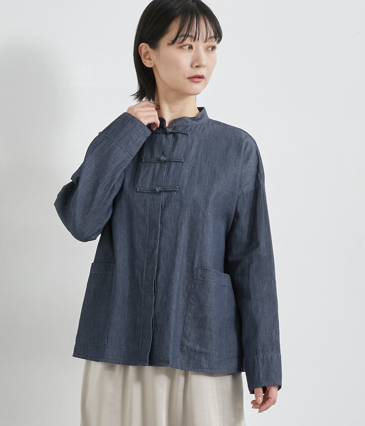 オーバーサイズ　チャイナボタンシャツジャケット(インディゴ-ONESIZE)