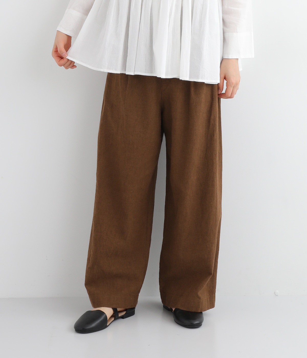 製品洗いコットンリネン　ワンタックパンツ(ブラウン-36)