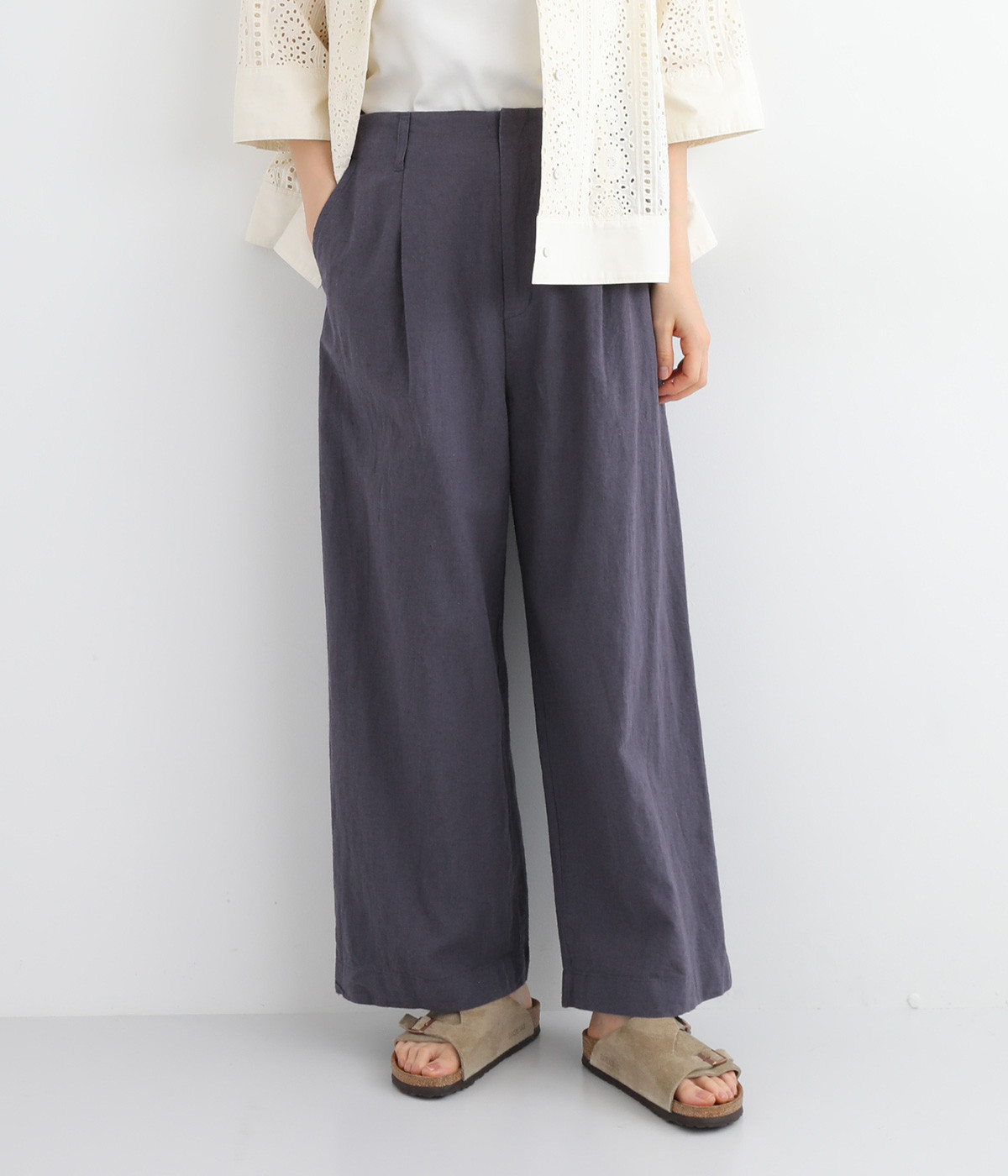 製品洗いコットンリネン　ワンタックパンツ(ネイビー-36)