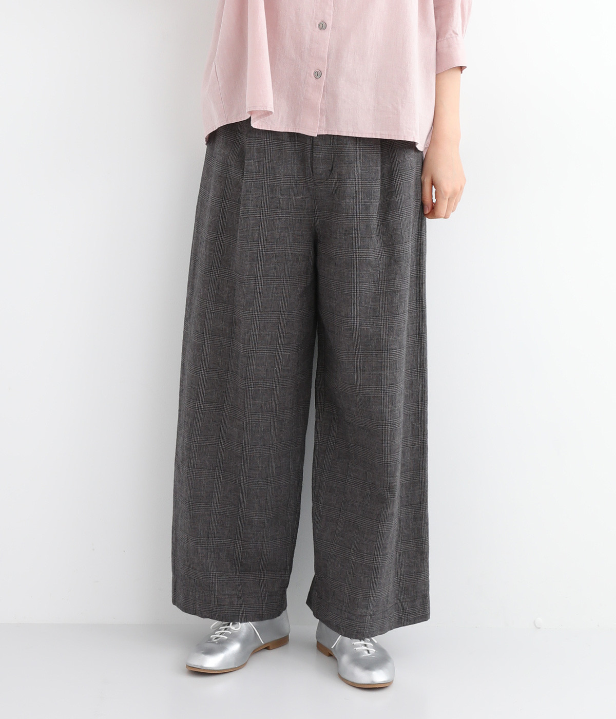 製品洗いコットンリネン　ワンタックパンツ(グレンチェック-36)