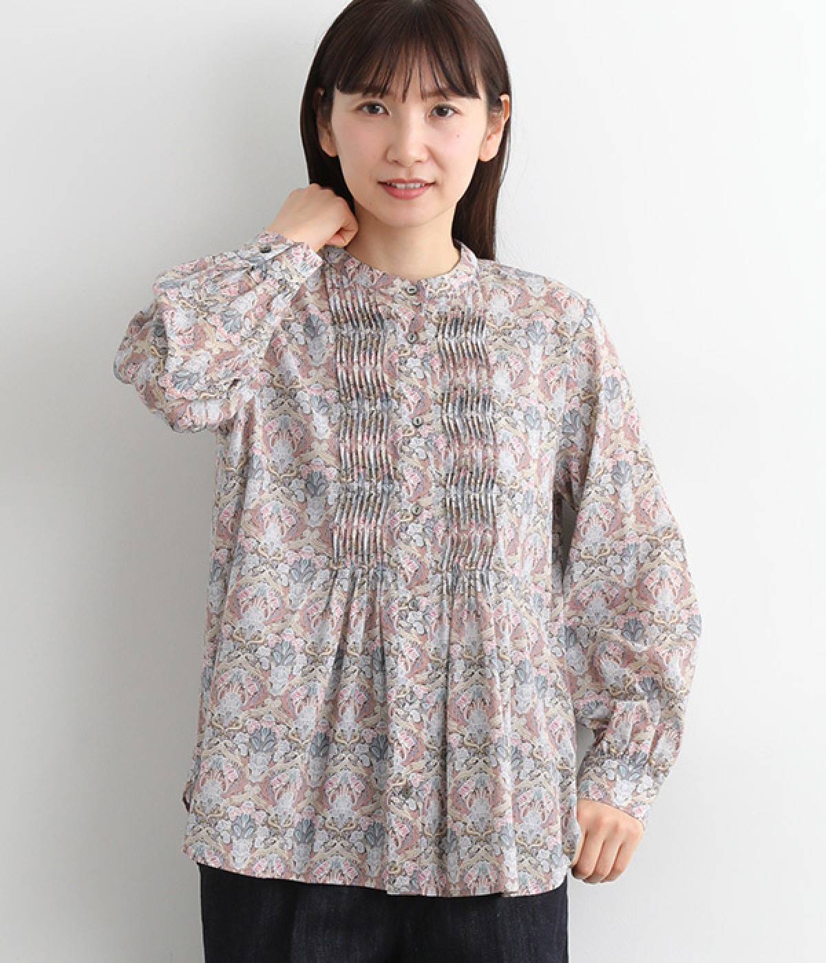 コットンシフォンリバティプリントブラウス(ピンク系-ONESIZE)