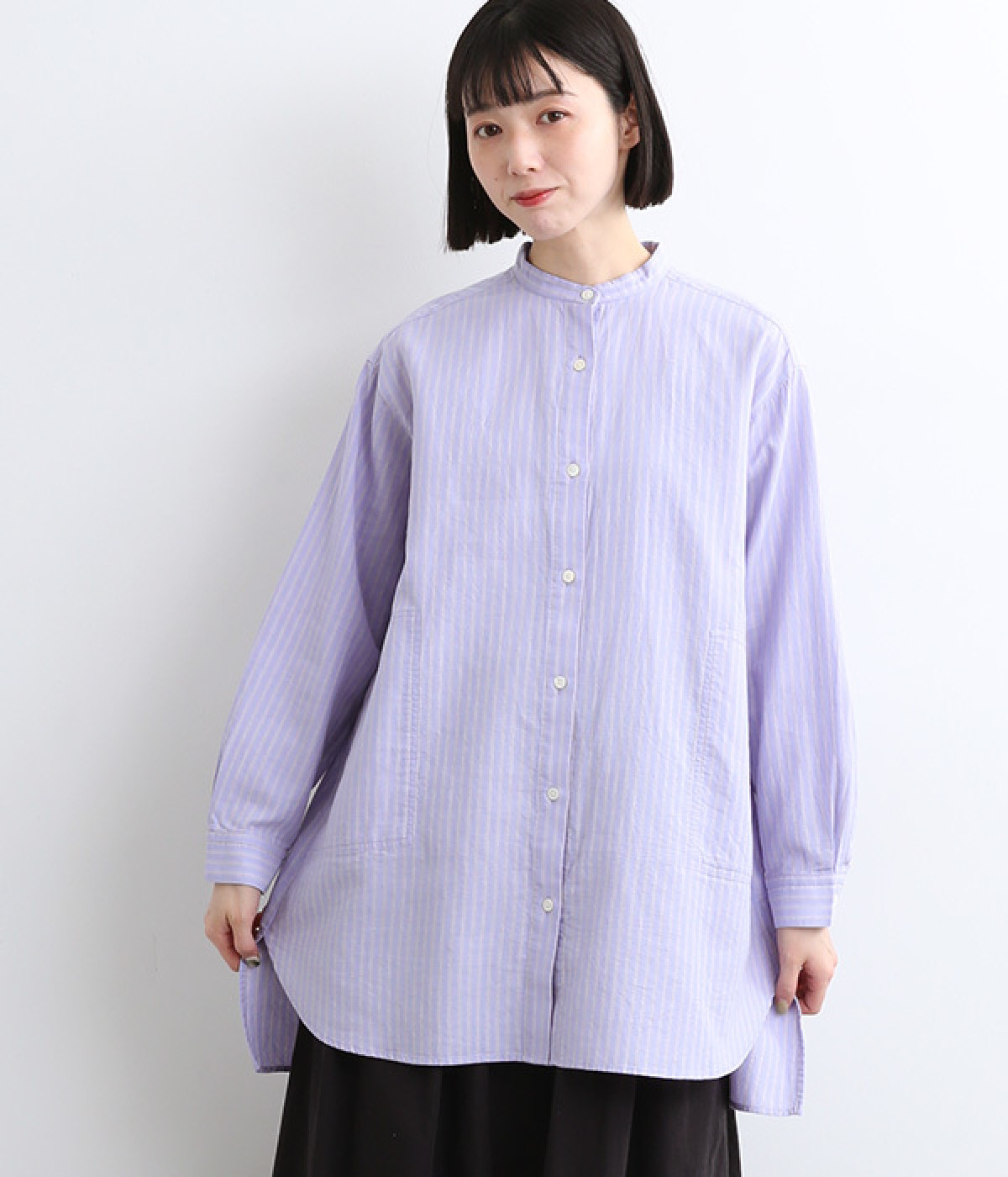 コットンシルクガーゼロングシャツ(ブルー系ストライプ-ONESIZE)