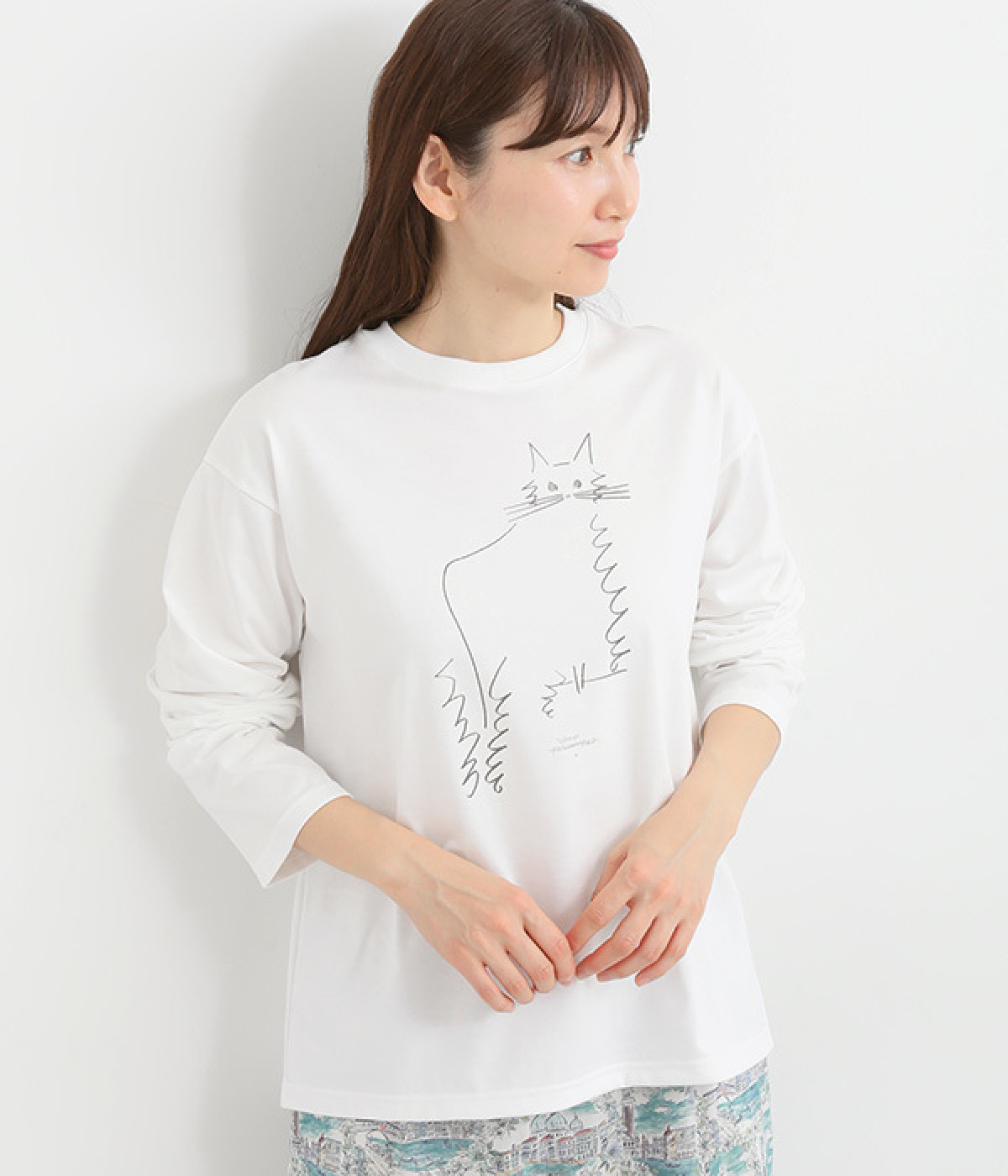 山口一郎さんコラボ　天竺長袖Tシャツ(ホワイト×NEKO-ONESIZE)