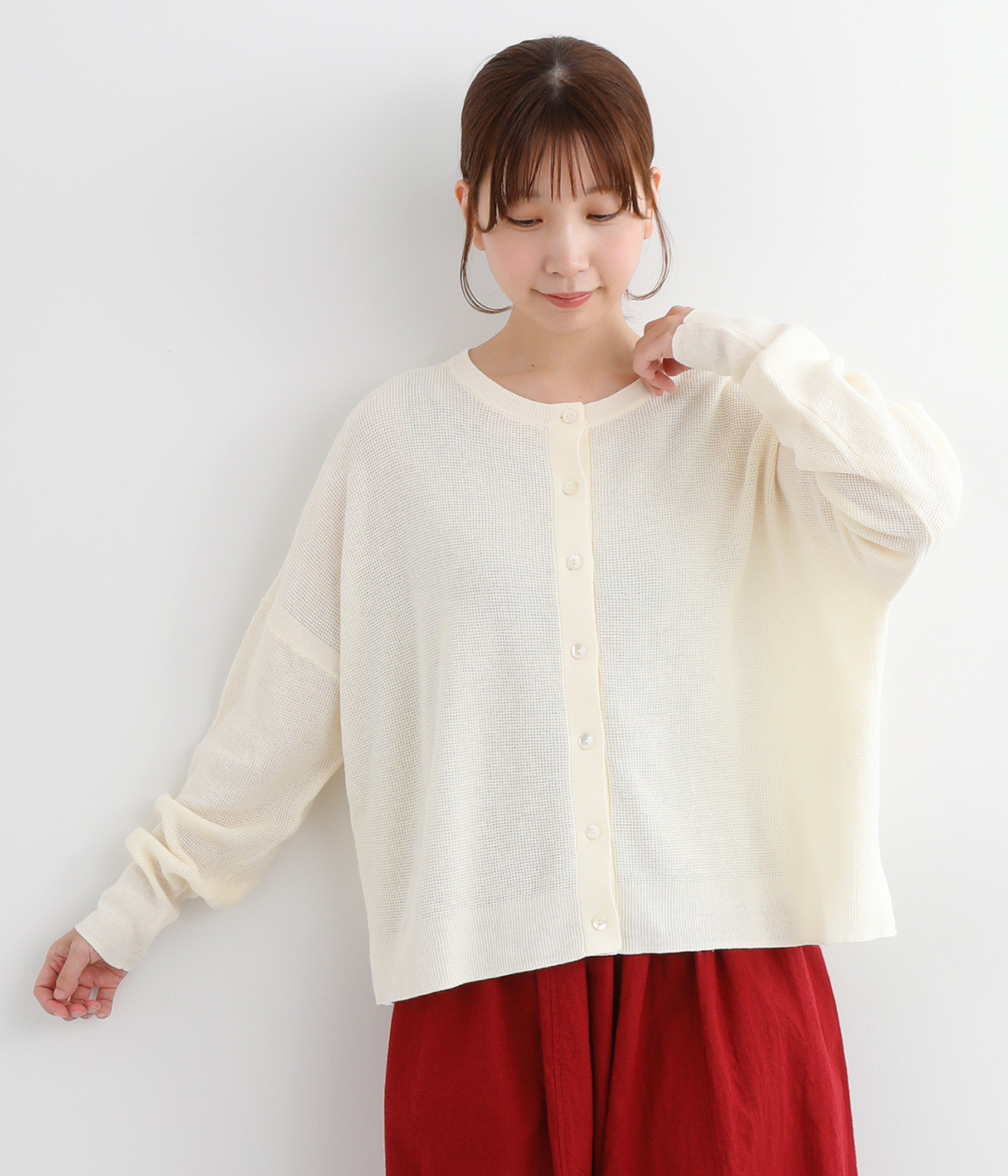 コットンリネンワッフル編み2wayカーディガン(オフ-ONESIZE)