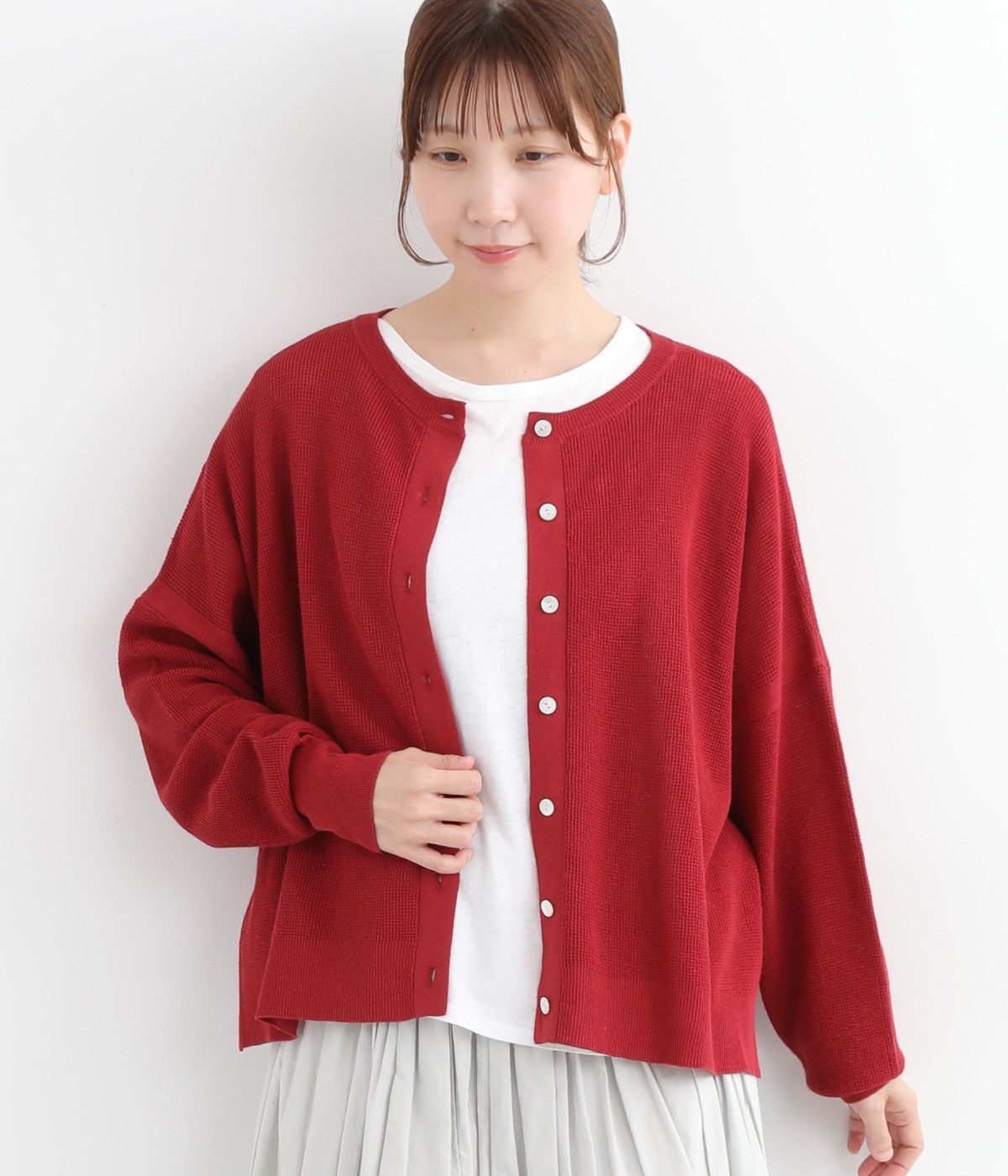 コットンリネンワッフル編み2wayカーディガン(レッド-ONESIZE)