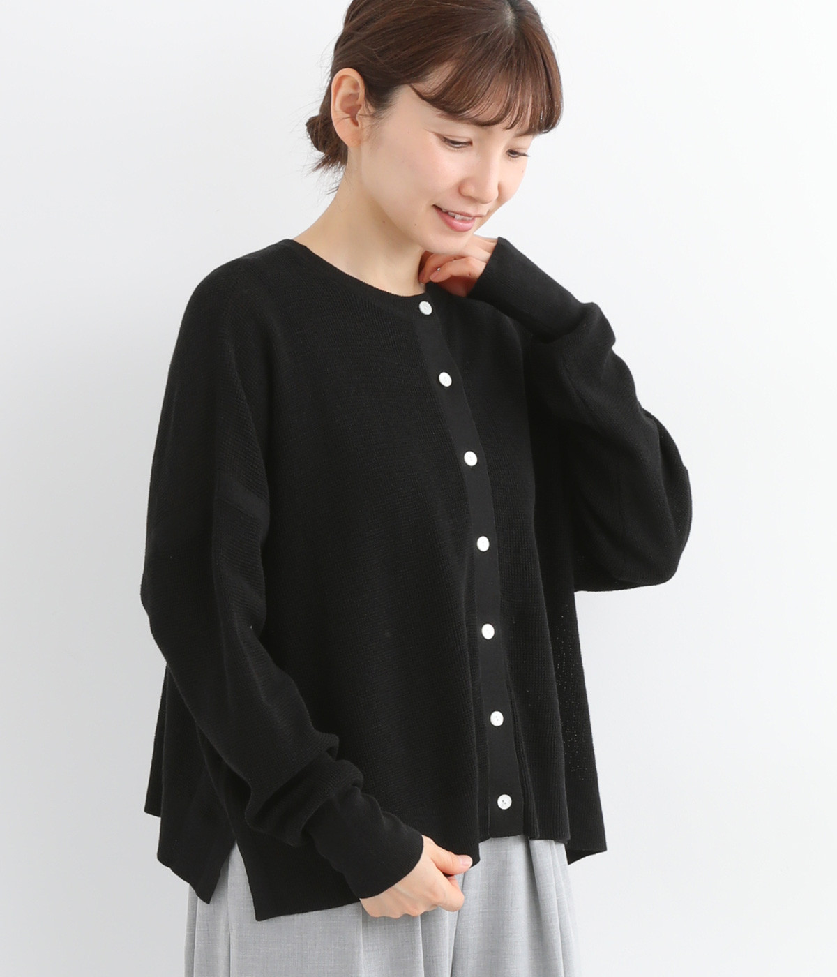 コットンリネンワッフル編み2wayカーディガン(ブラック-ONESIZE)
