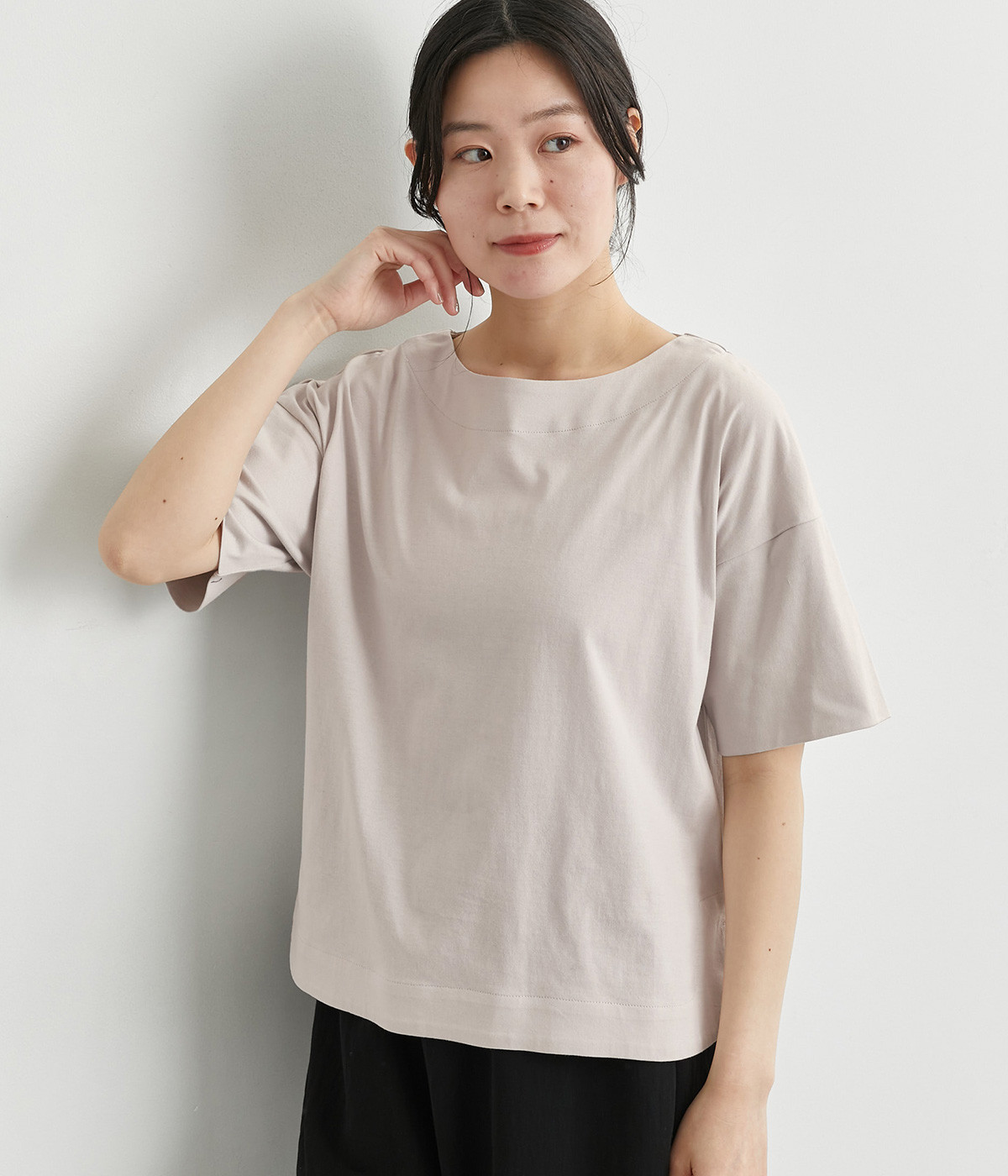 天竺ボーダードロップショルダーTシャツ(グレー-ONESIZE)