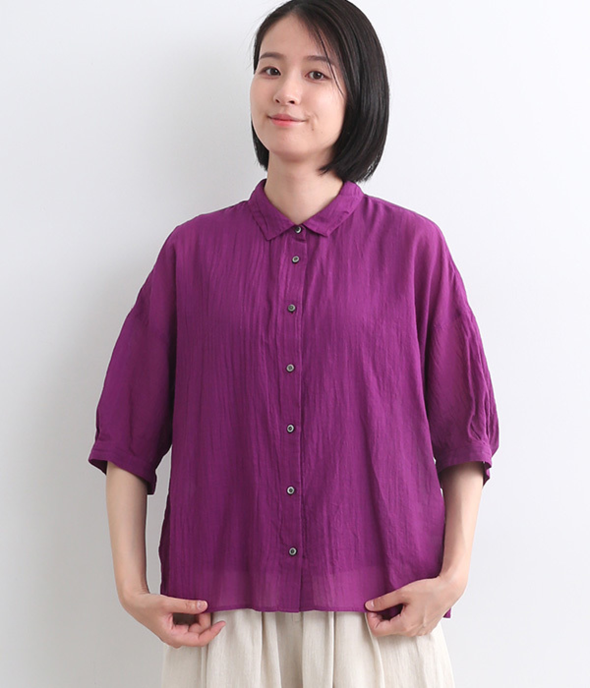 スモールカラー袖口タックシャツ(パープル-ONESIZE)