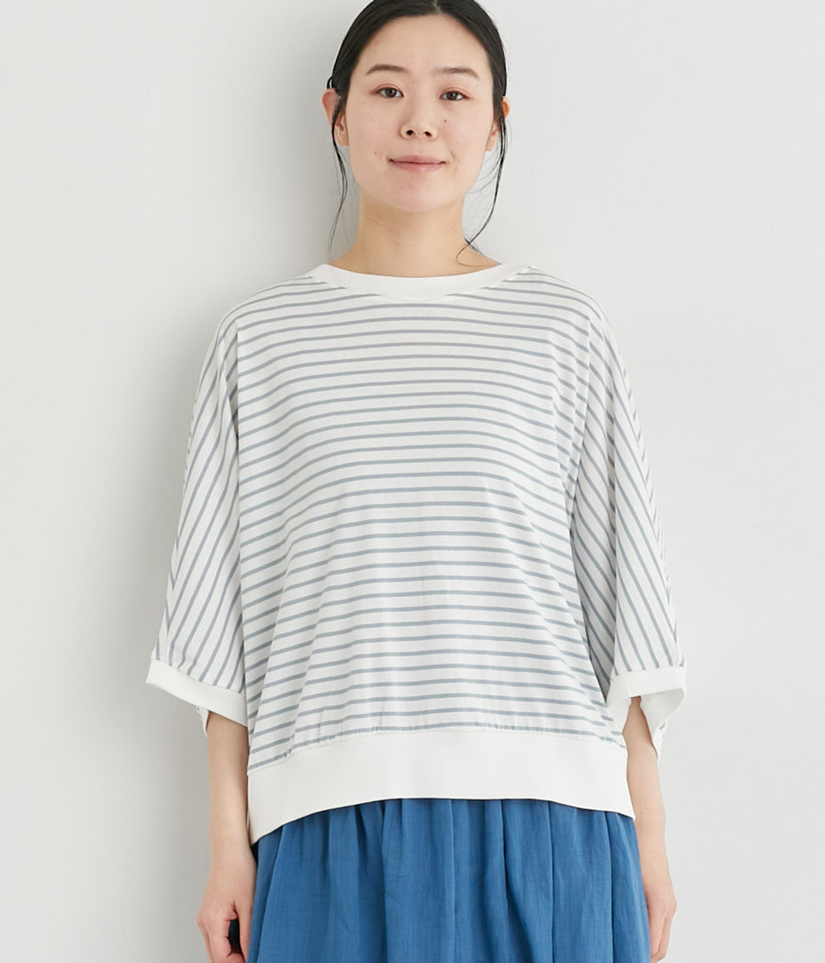 ボーダーセミシルケット天竺Tシャツ(オフシロ×ブルーボーダー-ONESIZE)