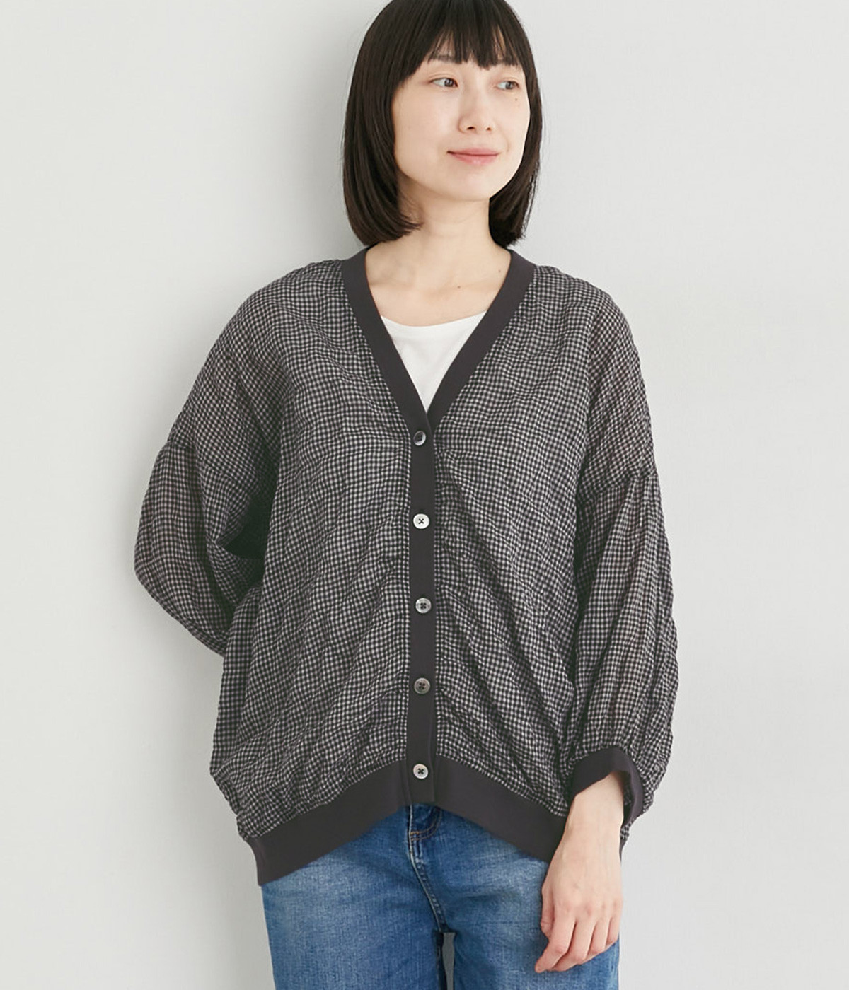 コットンシャーリングシャツカーディガン(ブラック×グレーギンガム-ONESIZE)