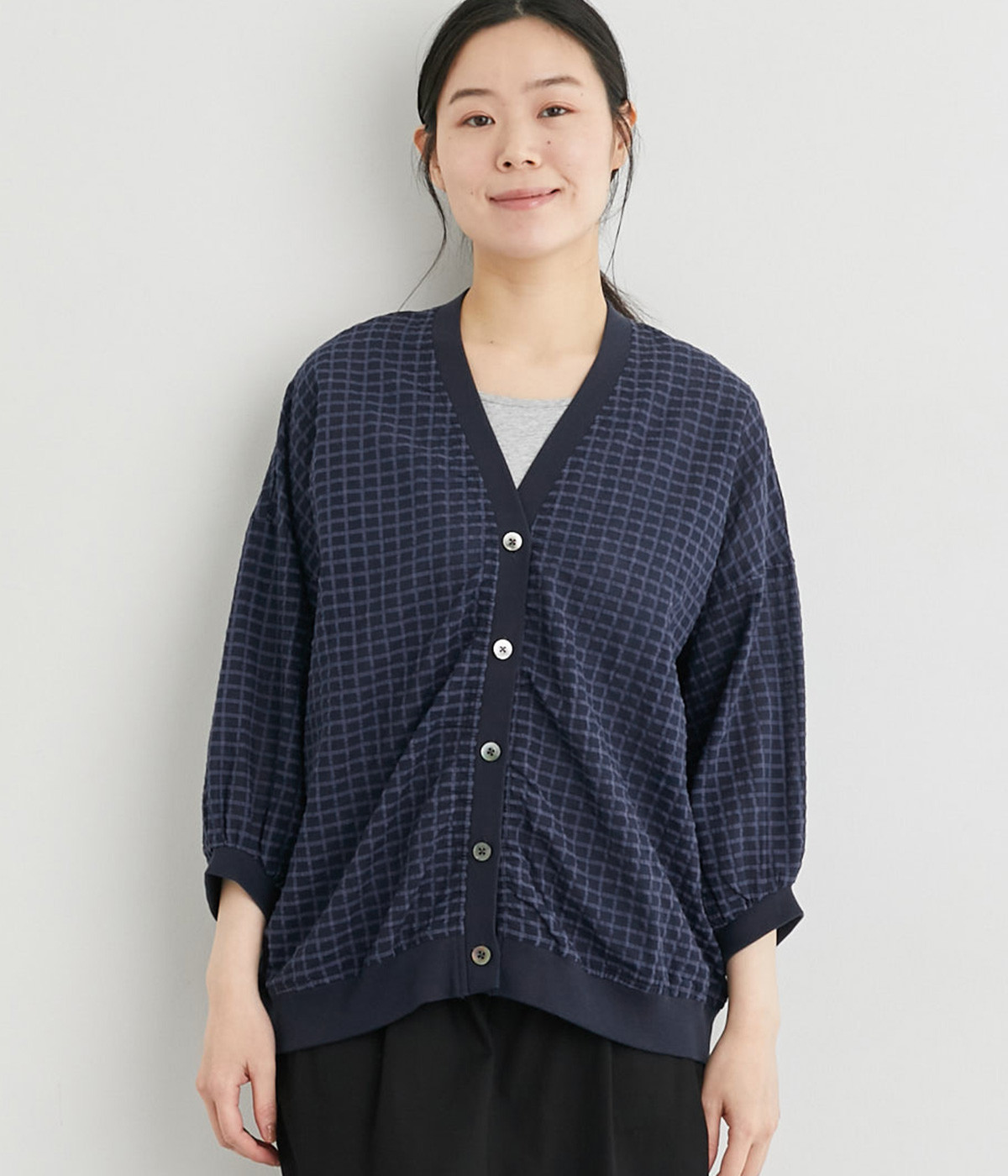 コットンシャーリングシャツカーディガン(ネイビーシースルーチェック-ONESIZE)