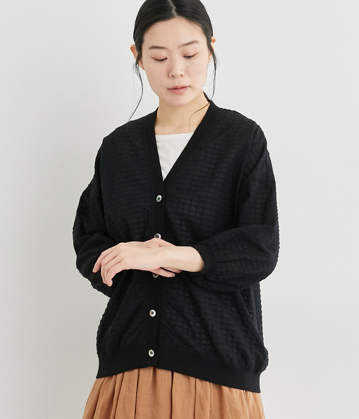 コットンシャーリングシャツカーディガン(ブラックシースルーチェック-ONESIZE)