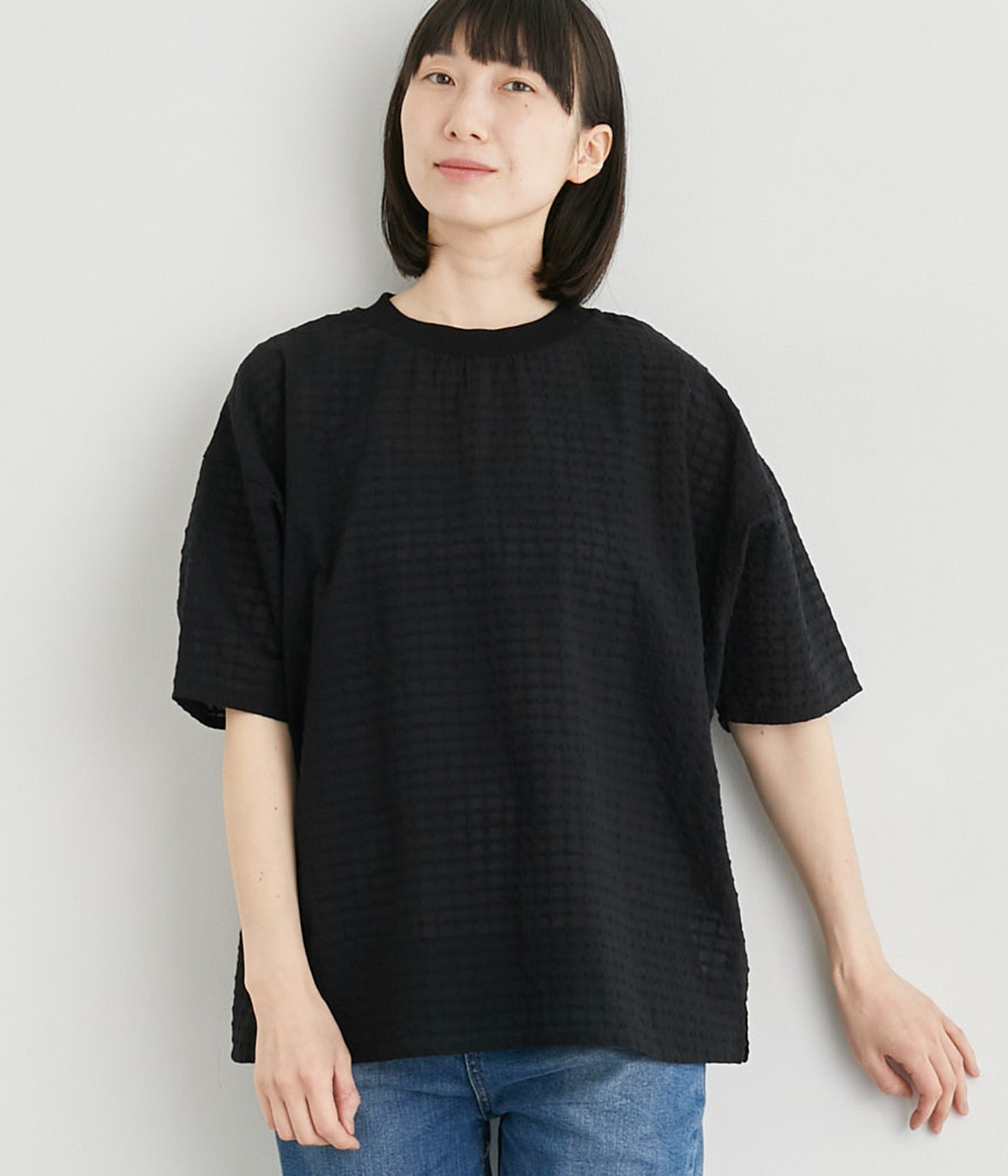 コットンシャーリングTブラウス(ブラックシースルーチェック-ONESIZE)