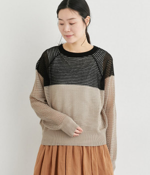 リネンコットン配色2wayカーディガン(ベージュ-ONESIZE)