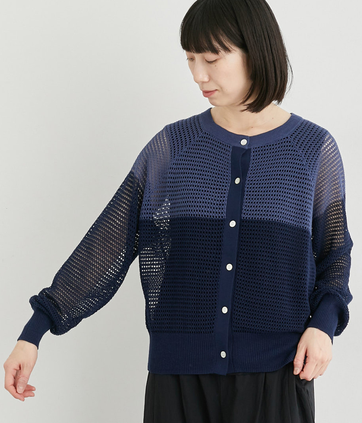 リネンコットン配色2wayカーディガン(ネイビー-ONESIZE)