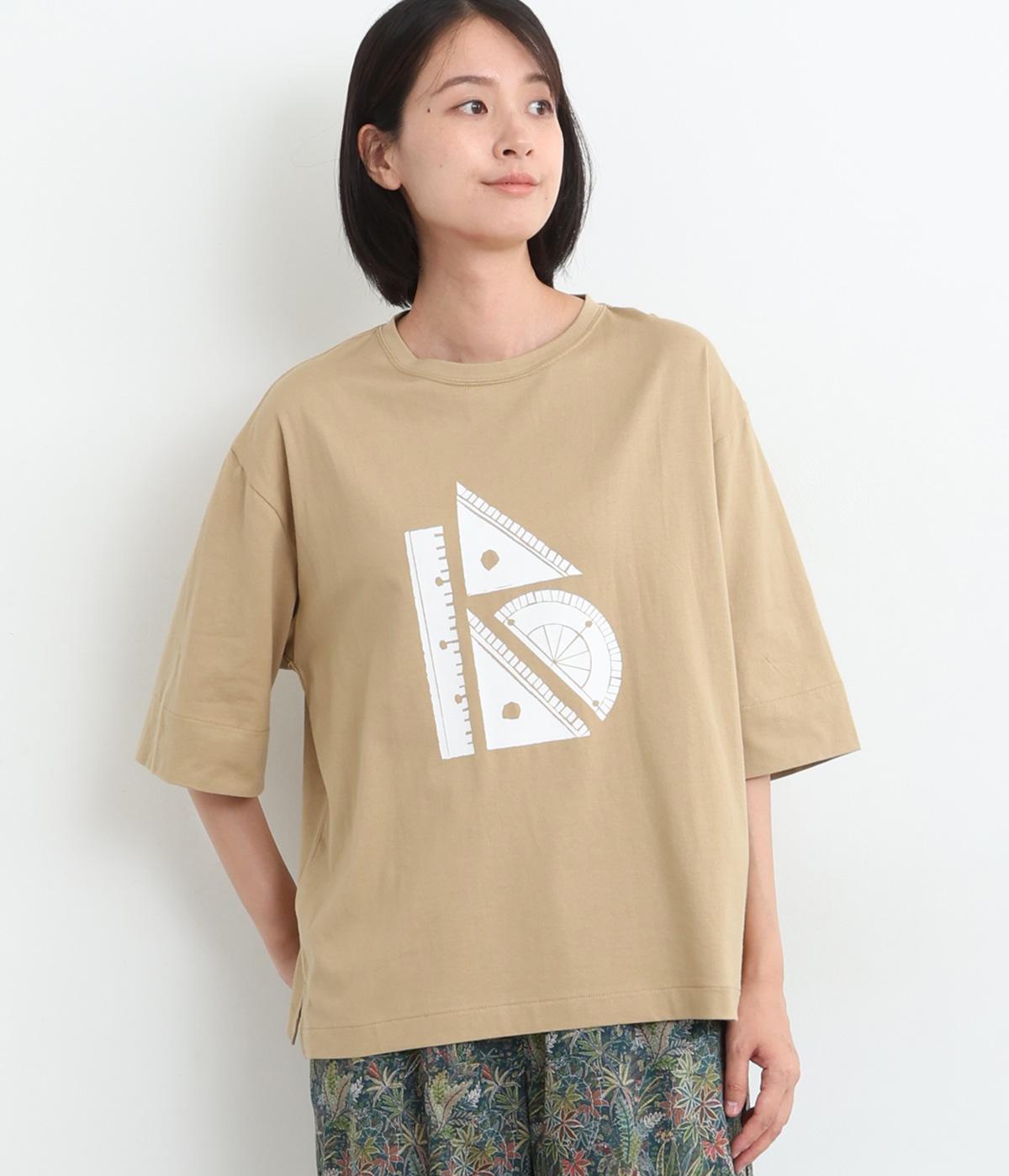 文房具プリントTシャツ(ベージュ　定規-ONESIZE)