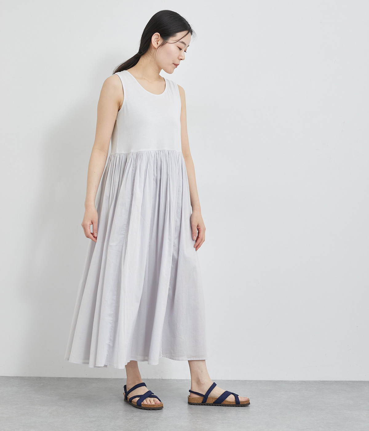 2重布帛天竺ノースリーブワンピース(サックス-ONESIZE)