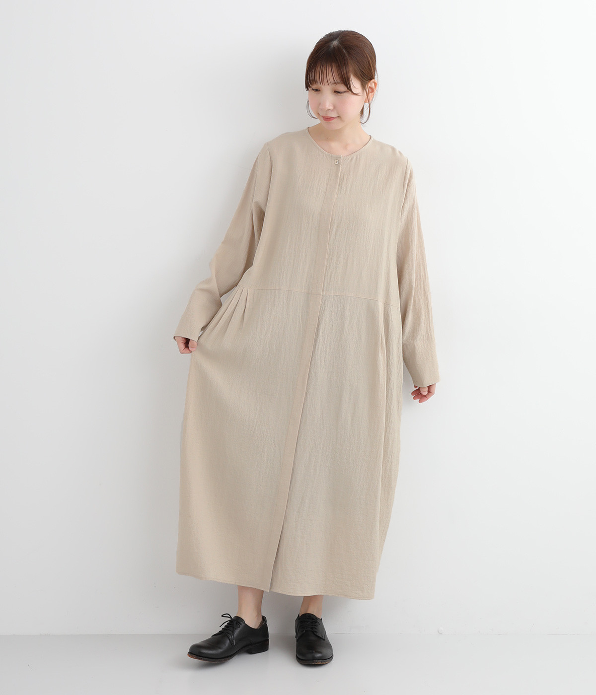 リネン混サッカーコクーンワンピース(ベージュ-ONESIZE)