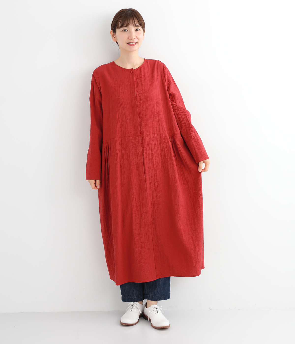 リネン混サッカーコクーンワンピース(レッド-ONESIZE)