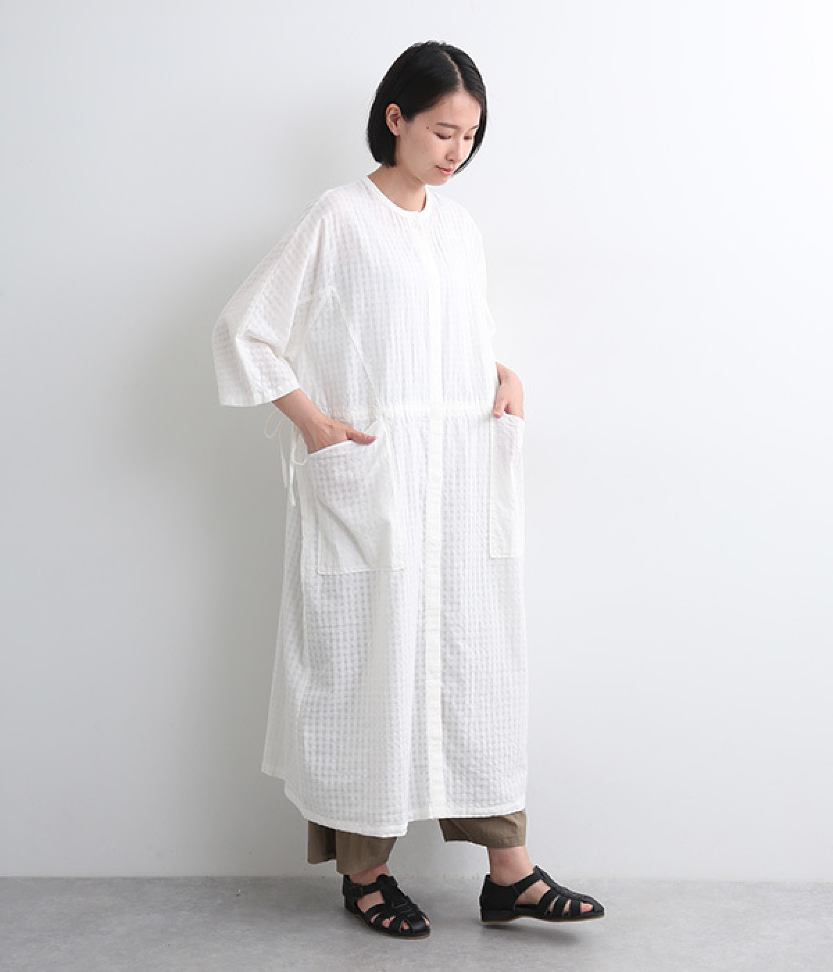 コットンリネンギンガムドルマンワンピース(オフシロ-ONESIZE)