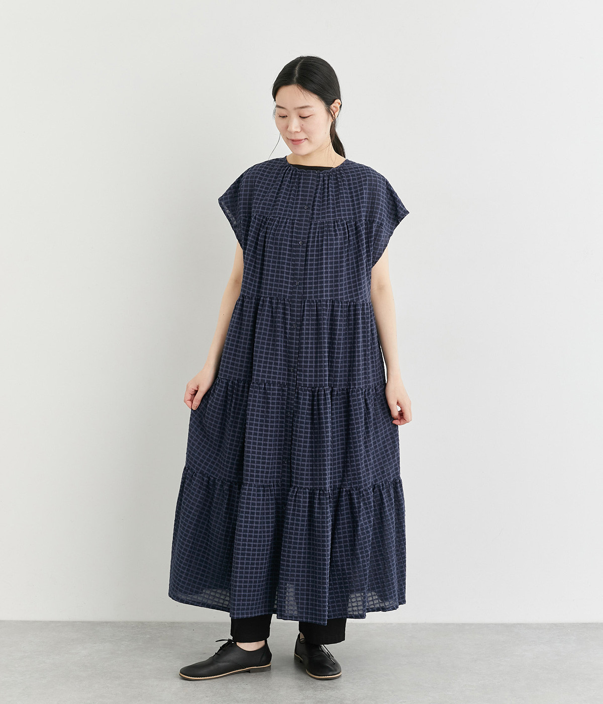 コットンシャーリングティアードワンピース(ネイビーシースルーチェック-ONESIZE)