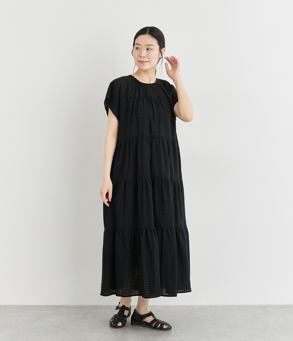 コットンシャーリングティアードワンピース(ブラックシースルーチェック-ONESIZE)