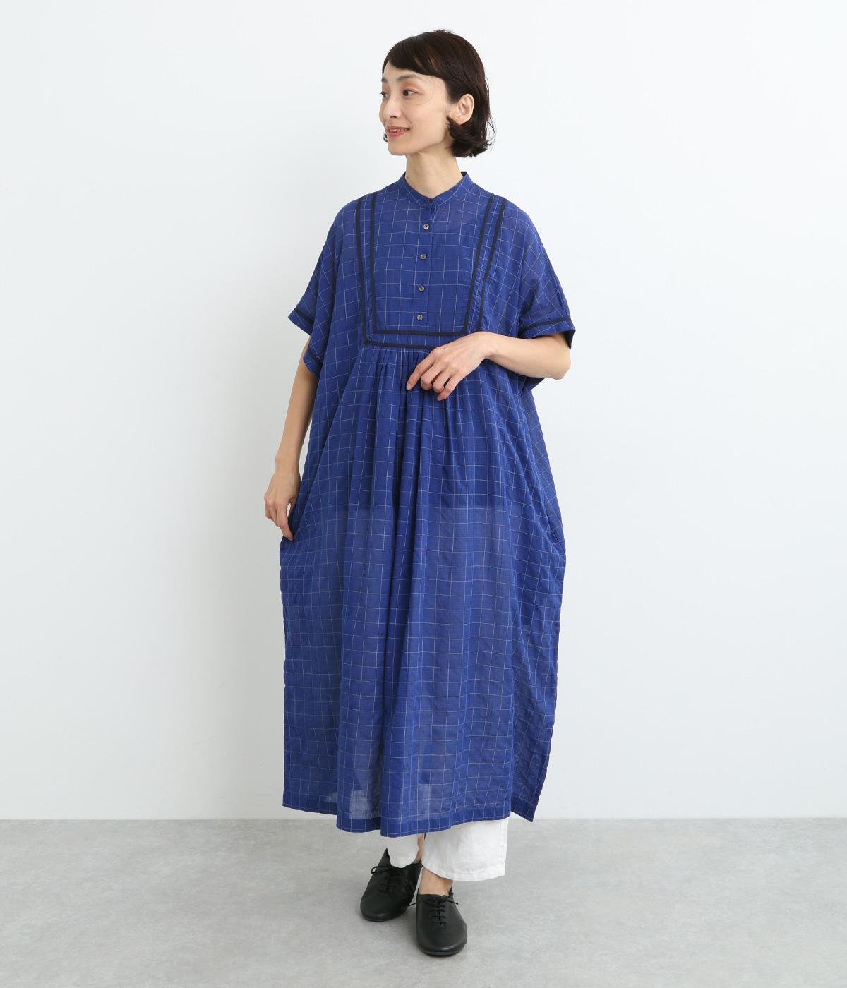 コードトリミングシャーリングゆったりワンピース(ブルー系-38)
