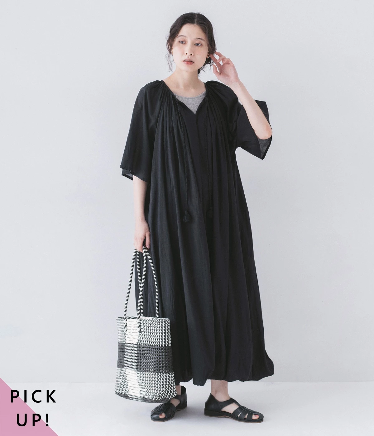 コットン　2wayバルーンワンピース(ブラック-ONESIZE)