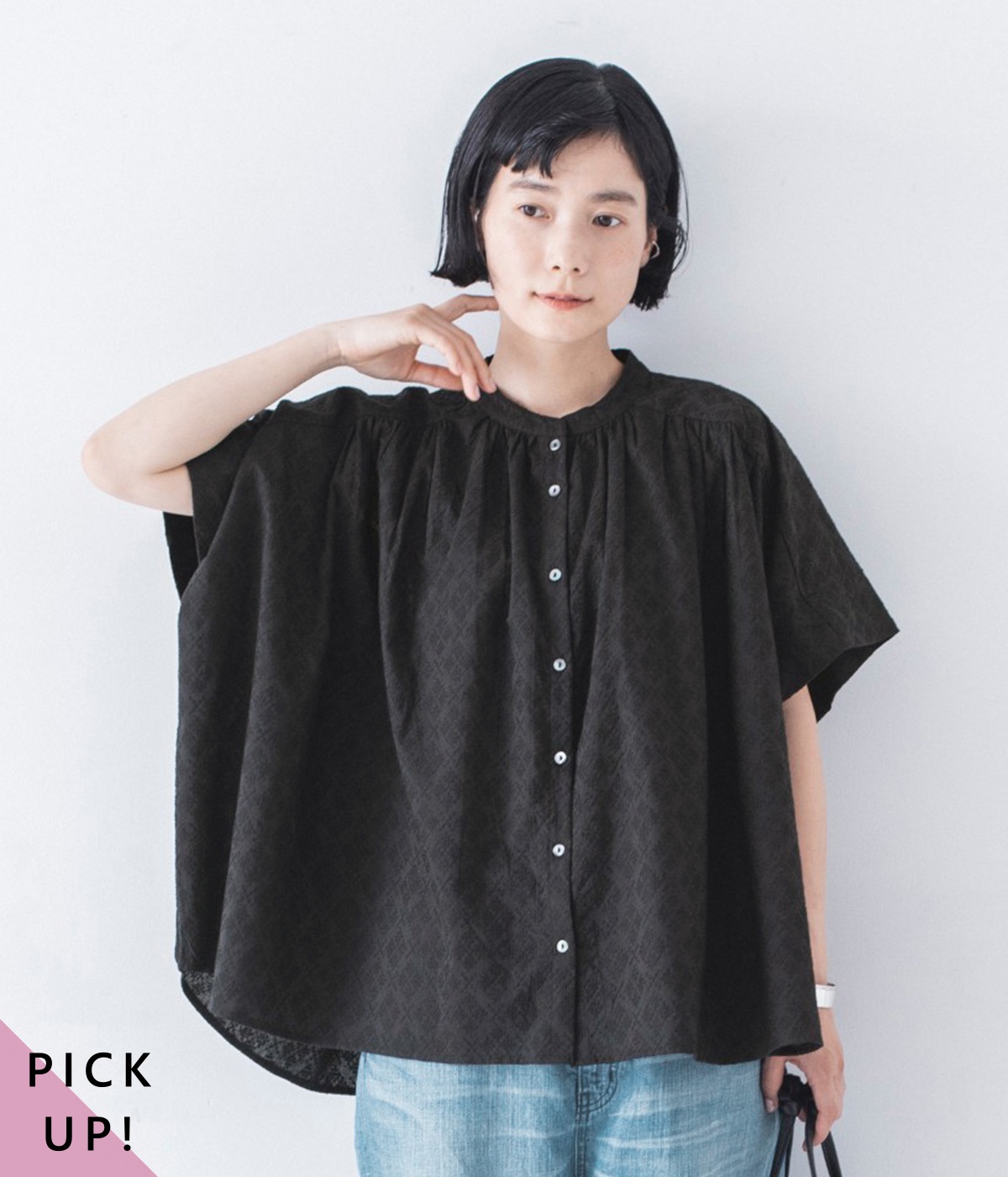 コットン刺繍ギャザーブラウス(ブラック-ONESIZE)